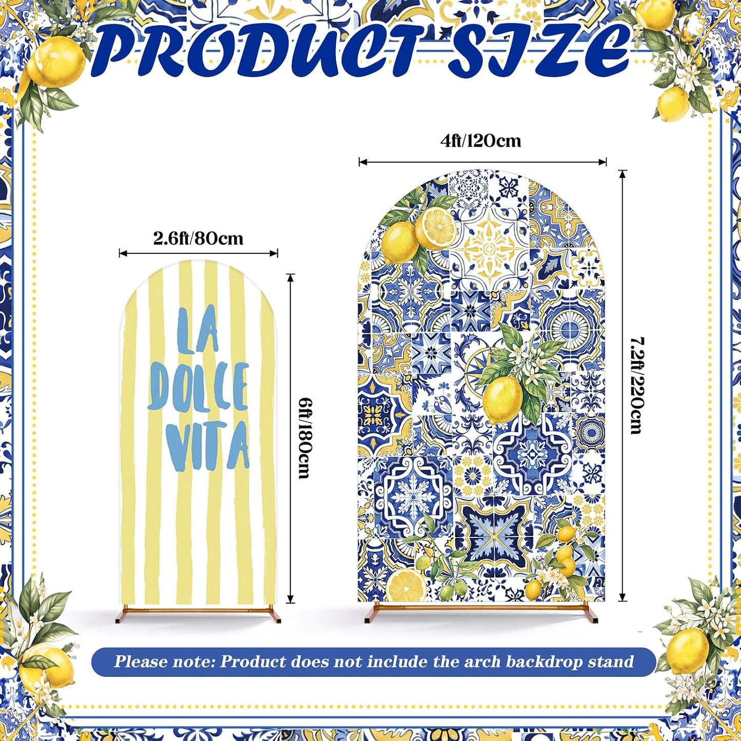 2 Set Amalfi Coast Party Decorations Arch Backdrop Cover | 7.2ft 6ft Stretchy Blue Tiles Lemon Arch Cover, Backdrop Stand, Wedding Birthday Bridal Shower Party Decorations
