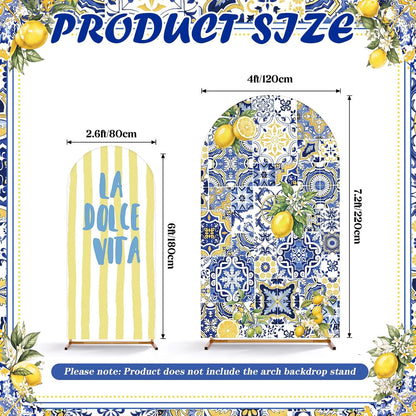 2 Set Amalfi Coast Party Decorations Arch Backdrop Cover | 7.2ft 6ft Stretchy Blue Tiles Lemon Arch Cover, Backdrop Stand, Wedding Birthday Bridal Shower Party Decorations