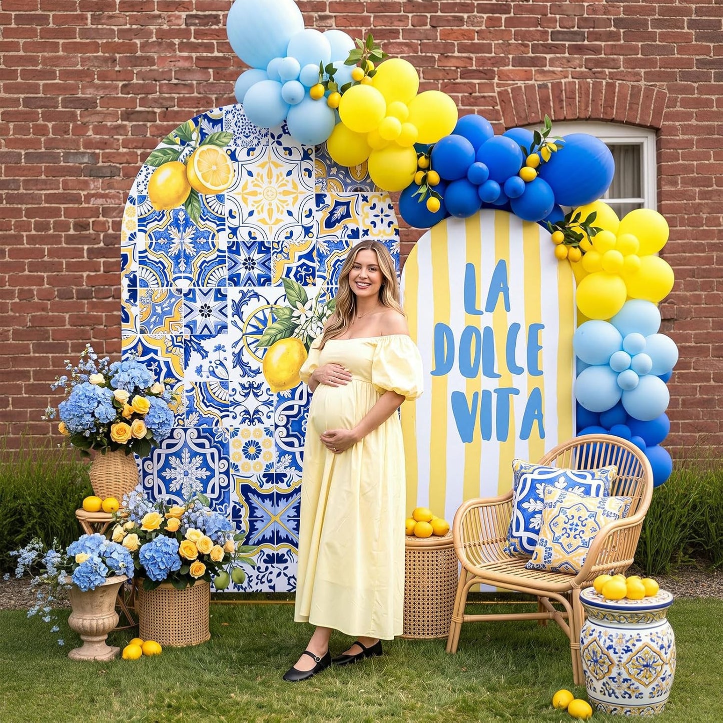 2 Set Amalfi Coast Party Decorations Arch Backdrop Cover | 7.2ft 6ft Stretchy Blue Tiles Lemon Arch Cover, Backdrop Stand, Wedding Birthday Bridal Shower Party Decorations