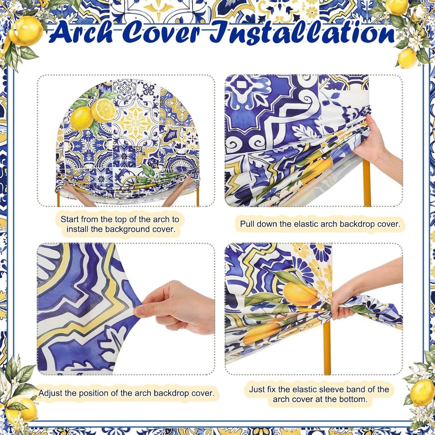 2 Set Amalfi Coast Party Decorations Arch Backdrop Cover | 7.2ft 6ft Stretchy Blue Tiles Lemon Arch Cover, Backdrop Stand, Wedding Birthday Bridal Shower Party Decorations