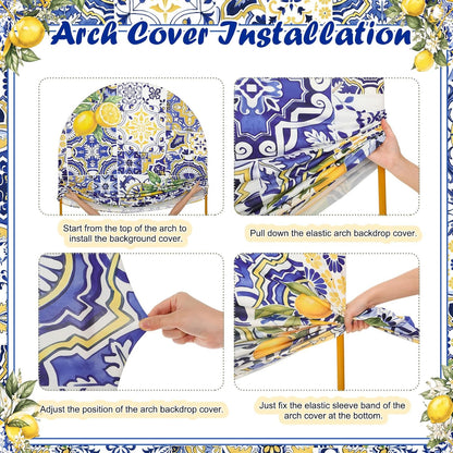 2 Set Amalfi Coast Party Decorations Arch Backdrop Cover | 7.2ft 6ft Stretchy Blue Tiles Lemon Arch Cover, Backdrop Stand, Wedding Birthday Bridal Shower Party Decorations