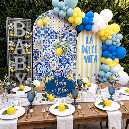 2 Set Amalfi Coast Party Decorations Arch Backdrop Cover | 7.2ft 6ft Stretchy Blue Tiles Lemon Arch Cover, Backdrop Stand, Wedding Birthday Bridal Shower Party Decorations