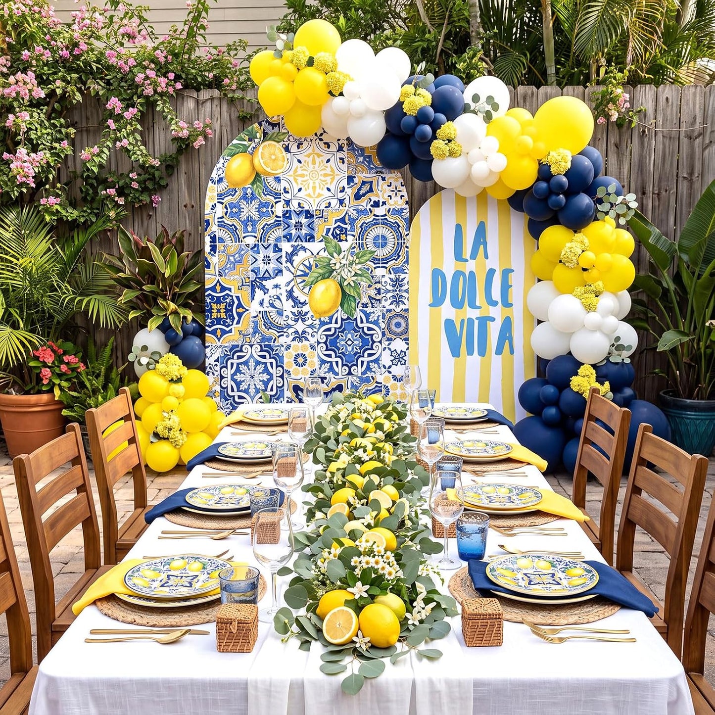 2 Set Amalfi Coast Party Decorations Arch Backdrop Cover | 7.2ft 6ft Stretchy Blue Tiles Lemon Arch Cover, Backdrop Stand, Wedding Birthday Bridal Shower Party Decorations