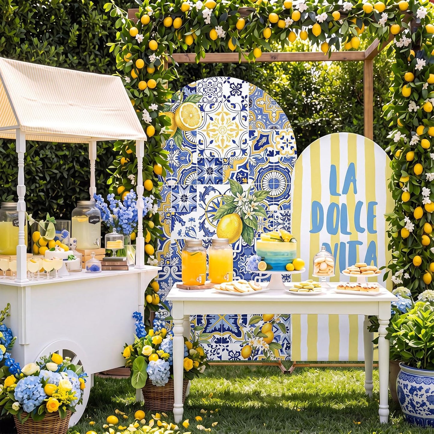 2 Set Amalfi Coast Party Decorations Arch Backdrop Cover | 7.2ft 6ft Stretchy Blue Tiles Lemon Arch Cover, Backdrop Stand, Wedding Birthday Bridal Shower Party Decorations