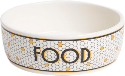 Ceramic Dog Bowl, Small/Medium 2.25 Cups/ 18 oz, Bistro Tile | Honeycomb with Gold Accents Stoneware Pet Food & Water Bowl for Small Dogs, Weighted Non-Plastic Feeding Dish