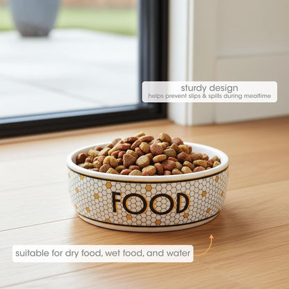 Ceramic Dog Bowl, Small/Medium 2.25 Cups/ 18 oz, Bistro Tile | Honeycomb with Gold Accents Stoneware Pet Food & Water Bowl for Small Dogs, Weighted Non-Plastic Feeding Dish