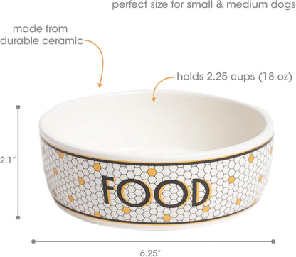 Ceramic Dog Bowl, Small/Medium 2.25 Cups/ 18 oz, Bistro Tile | Honeycomb with Gold Accents Stoneware Pet Food & Water Bowl for Small Dogs, Weighted Non-Plastic Feeding Dish