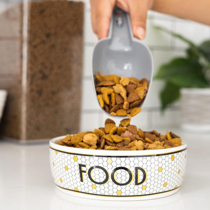 Ceramic Dog Bowl, Small/Medium 2.25 Cups/ 18 oz, Bistro Tile | Honeycomb with Gold Accents Stoneware Pet Food & Water Bowl for Small Dogs, Weighted Non-Plastic Feeding Dish
