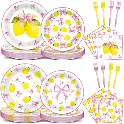 96 Pcs Pink Bow Lemon Party Decorations Pink Yellow Birthday Plates and Napkins Lemon Paper Plates Summer Disposable Tableware Set for Girls Women Bridal Baby Shower Wedding Supplies
