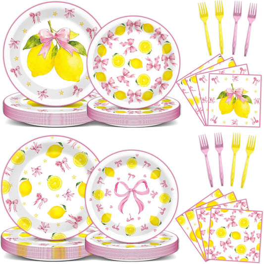96 Pcs Pink Bow Lemon Party Decorations Pink Yellow Birthday Plates and Napkins Lemon Paper Plates Summer Disposable Tableware Set for Girls Women Bridal Baby Shower Wedding Supplies