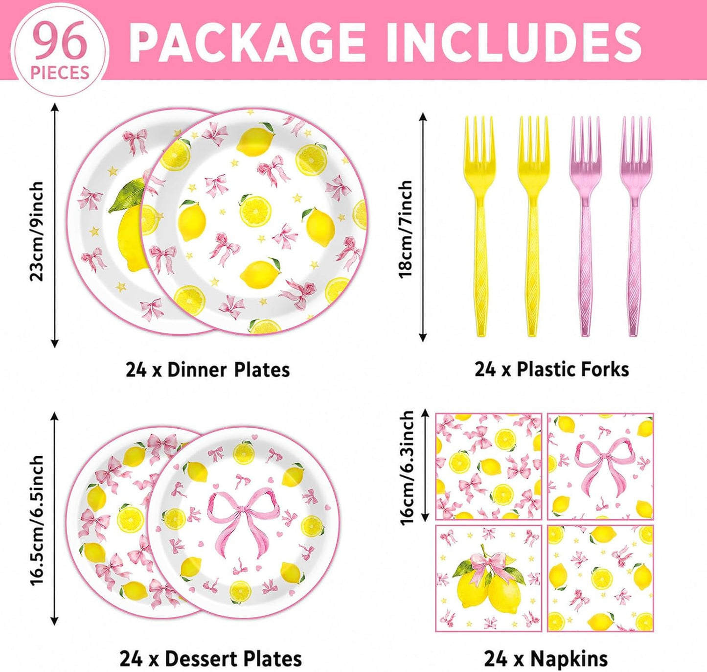 96 Pcs Pink Bow Lemon Party Decorations Pink Yellow Birthday Plates and Napkins Lemon Paper Plates Summer Disposable Tableware Set for Girls Women Bridal Baby Shower Wedding Supplies
