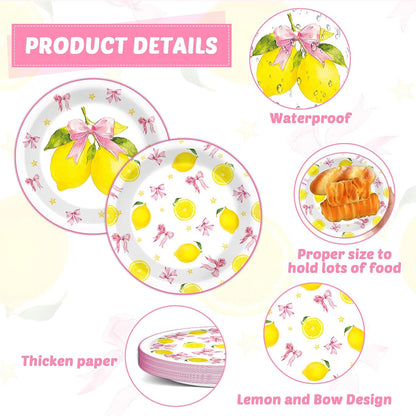 96 Pcs Pink Bow Lemon Party Decorations Pink Yellow Birthday Plates and Napkins Lemon Paper Plates Summer Disposable Tableware Set for Girls Women Bridal Baby Shower Wedding Supplies