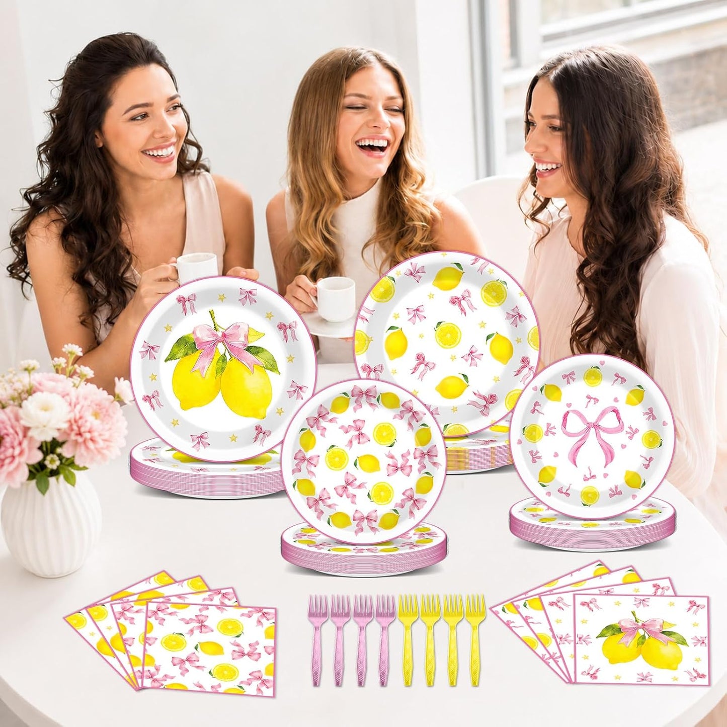 96 Pcs Pink Bow Lemon Party Decorations Pink Yellow Birthday Plates and Napkins Lemon Paper Plates Summer Disposable Tableware Set for Girls Women Bridal Baby Shower Wedding Supplies