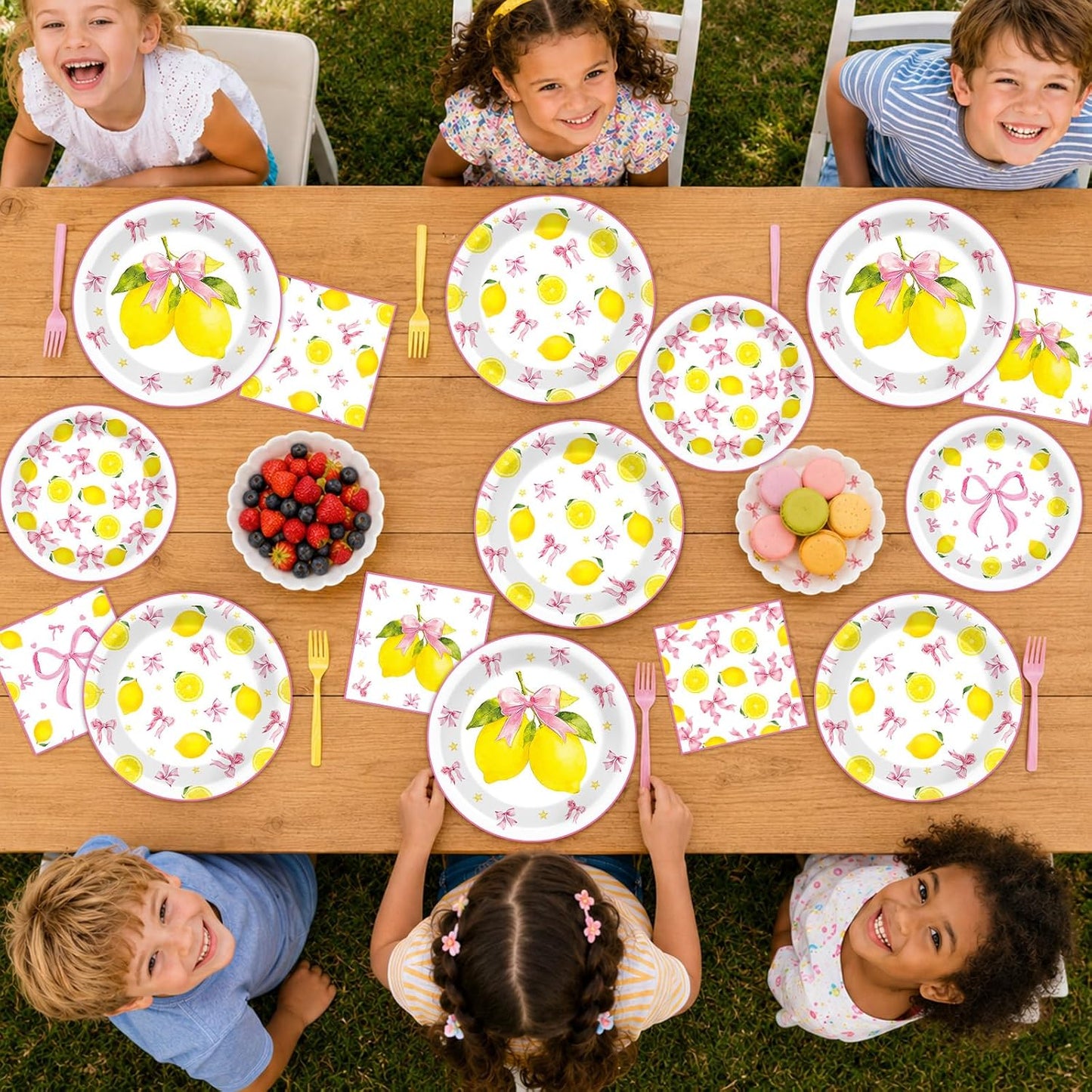 96 Pcs Pink Bow Lemon Party Decorations Pink Yellow Birthday Plates and Napkins Lemon Paper Plates Summer Disposable Tableware Set for Girls Women Bridal Baby Shower Wedding Supplies