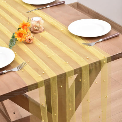 Yellow Pearl Table Runner Boho Rustic Tulle Lace Dining Baby Shower Wedding Arch Decor Veil Dessert Holiday Centerpiece Table Decor 3pcs