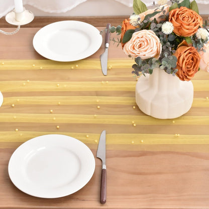 Yellow Pearl Table Runner Boho Rustic Tulle Lace Dining Baby Shower Wedding Arch Decor Veil Dessert Holiday Centerpiece Table Decor 3pcs