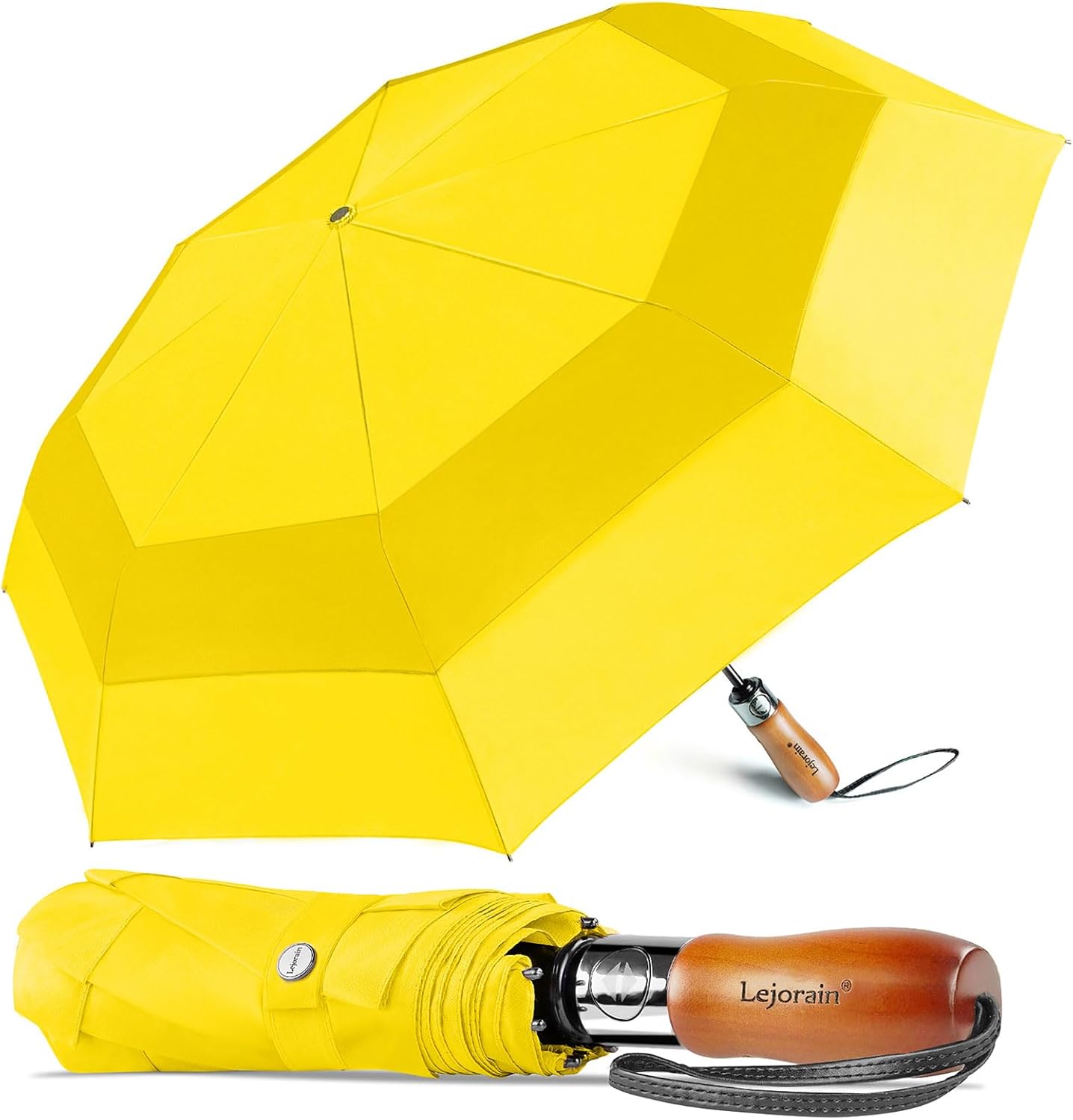 Windproof Golf Umbrella Large 54 Inch Folding Auto Open Close Wood Handle | Big Oversized Canopy Umbrella, Collapsible Portable for Travel, Wind Resistant, One-Touch Open, Wood Handle for Women & Men.
