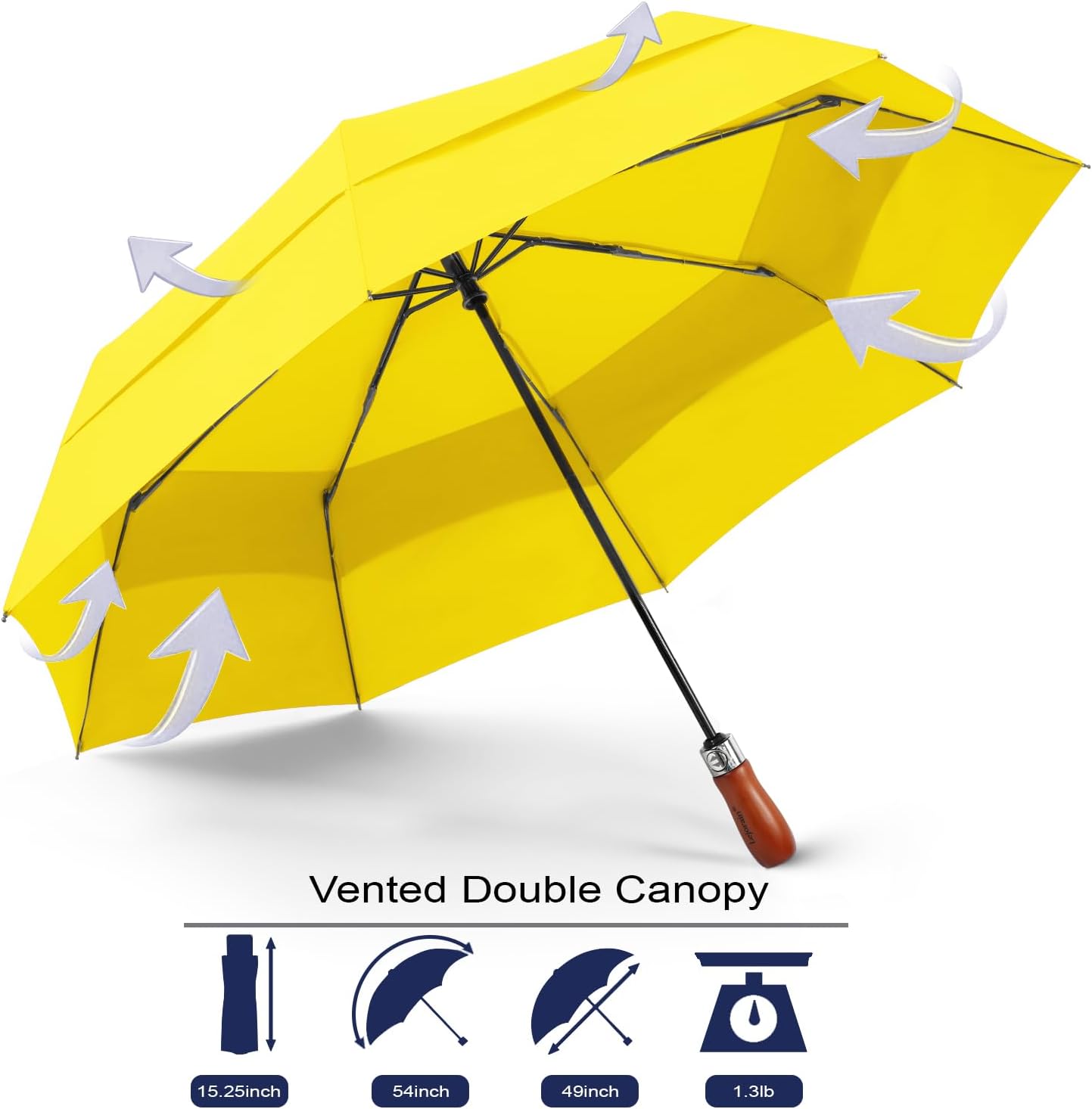 Windproof Golf Umbrella Large 54 Inch Folding Auto Open Close Wood Handle | Big Oversized Canopy Umbrella, Collapsible Portable for Travel, Wind Resistant, One-Touch Open, Wood Handle for Women & Men.