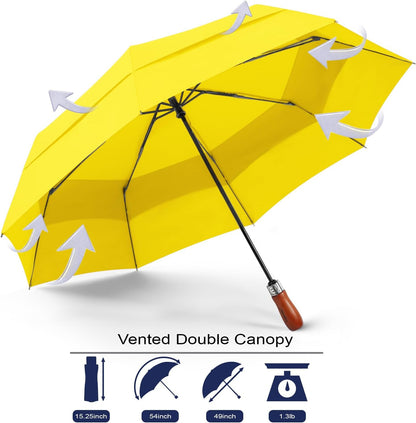 Windproof Golf Umbrella Large 54 Inch Folding Auto Open Close Wood Handle | Big Oversized Canopy Umbrella, Collapsible Portable for Travel, Wind Resistant, One-Touch Open, Wood Handle for Women & Men.