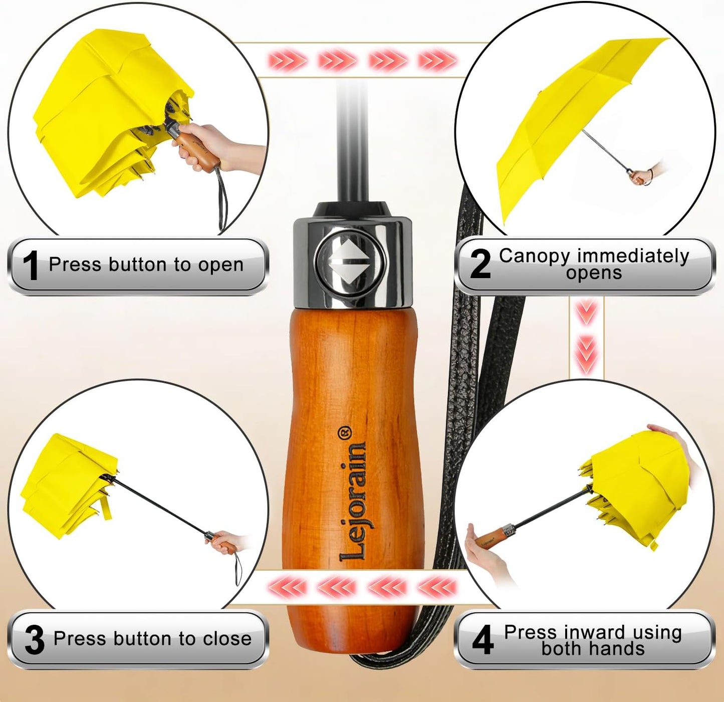 Windproof Golf Umbrella Large 54 Inch Folding Auto Open Close Wood Handle | Big Oversized Canopy Umbrella, Collapsible Portable for Travel, Wind Resistant, One-Touch Open, Wood Handle for Women & Men.