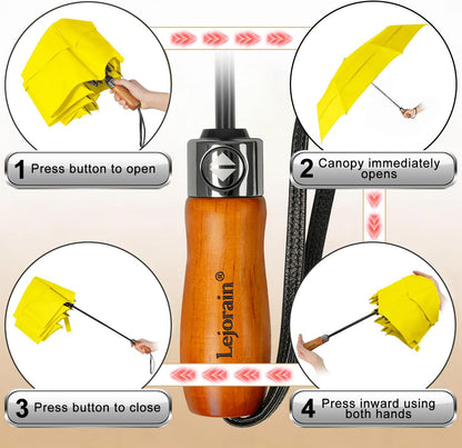Windproof Golf Umbrella Large 54 Inch Folding Auto Open Close Wood Handle | Big Oversized Canopy Umbrella, Collapsible Portable for Travel, Wind Resistant, One-Touch Open, Wood Handle for Women & Men.