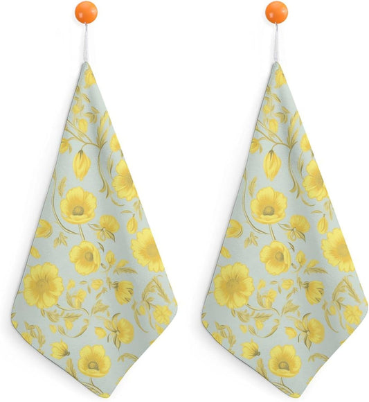 Yellow Flower Kitchen Towels Set -2PCS Super Absorbent Hand Towels, Soft Face Towel Set with Hanging Loop Lightweight Quick Dry Microfiber Dish Towels for Yoga Camping Hotel Spa Travel