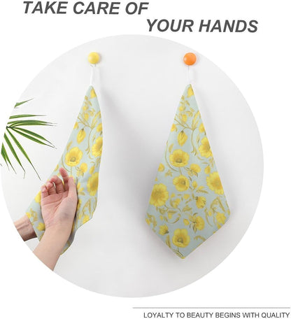 Yellow Flower Kitchen Towels Set -2PCS Super Absorbent Hand Towels, Soft Face Towel Set with Hanging Loop Lightweight Quick Dry Microfiber Dish Towels for Yoga Camping Hotel Spa Travel