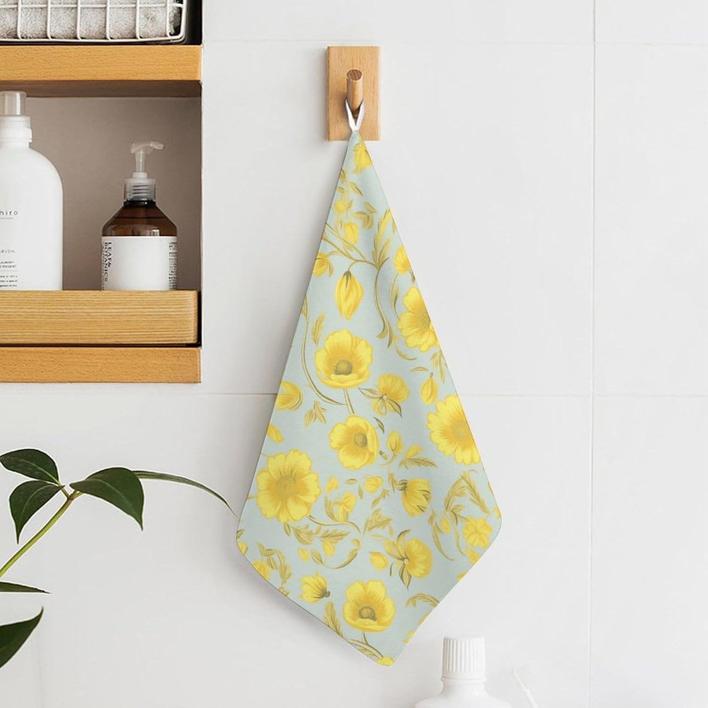Yellow Flower Kitchen Towels Set -2PCS Super Absorbent Hand Towels, Soft Face Towel Set with Hanging Loop Lightweight Quick Dry Microfiber Dish Towels for Yoga Camping Hotel Spa Travel