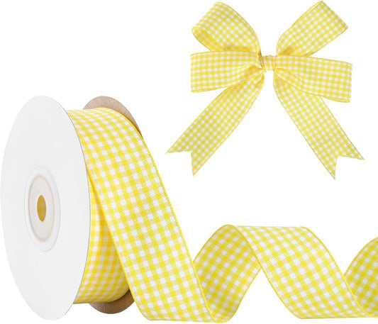 Yellow and White Gingham Ribbon 1 inch x 25 Yard for Gift Wrapping Weddings DIY Decor More
