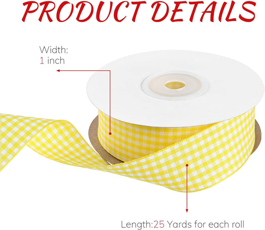 Yellow and White Gingham Ribbon 1 inch x 25 Yard for Gift Wrapping Weddings DIY Decor More