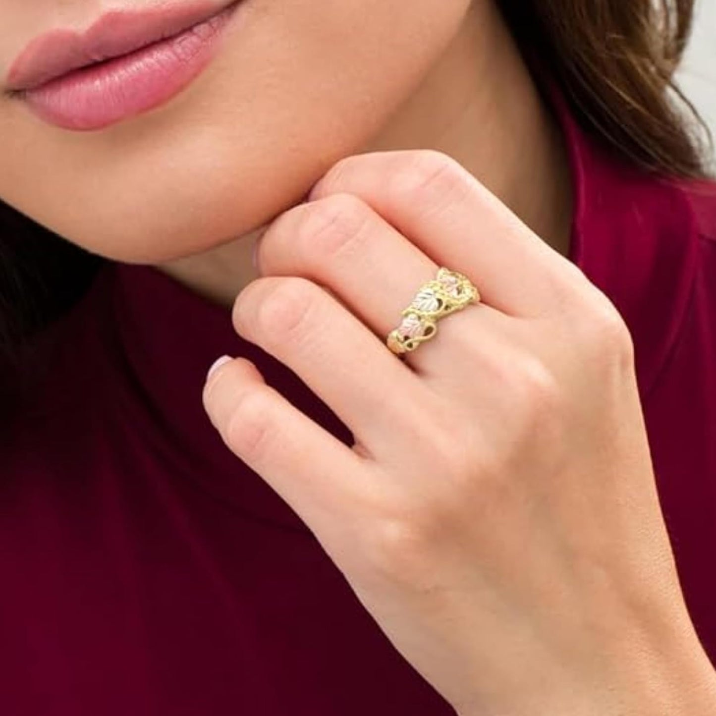 10k Gold Victorian Style Wedding Band for Women, Black Hills Gold Motif Jewelry with 12k Green and Rose Gold Accents, Genuine 10 Karat Gold Ring with Gift Box