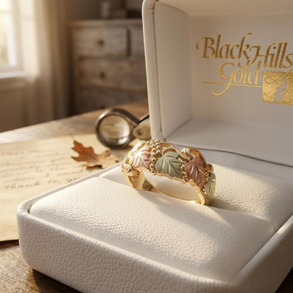 10k Gold Victorian Style Wedding Band for Women, Black Hills Gold Motif Jewelry with 12k Green and Rose Gold Accents, Genuine 10 Karat Gold Ring with Gift Box