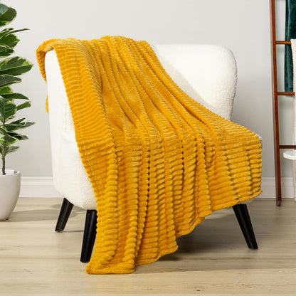 PAVILIA Super Soft Fleece Throw Blanket Yellow Mustard, Luxury Fuzzy Plush Flannel Throw, Warm Cozy Ribbed Microfiber Blanket for Sofa Couch Bed, Lightweight Striped Blanket, Yellow, 50x60
