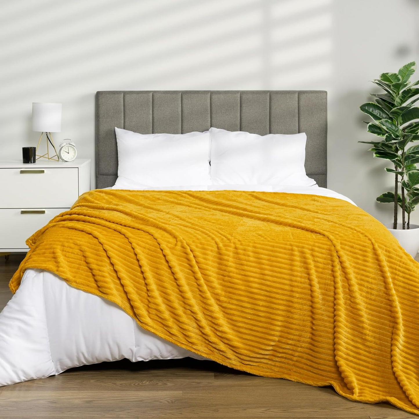 PAVILIA Super Soft Fleece Throw Blanket Yellow Mustard, Luxury Fuzzy Plush Flannel Throw, Warm Cozy Ribbed Microfiber Blanket for Sofa Couch Bed, Lightweight Striped Blanket, Yellow, 50x60