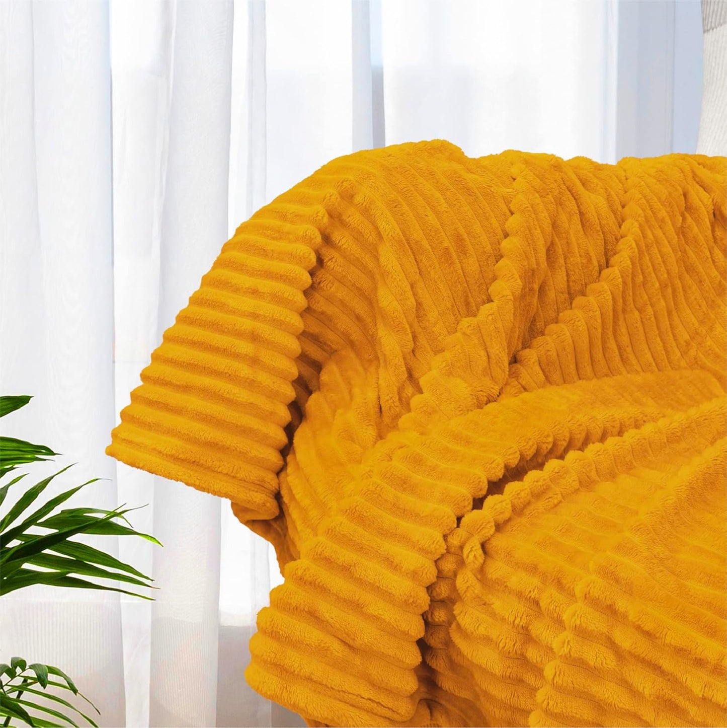 PAVILIA Super Soft Fleece Throw Blanket Yellow Mustard, Luxury Fuzzy Plush Flannel Throw, Warm Cozy Ribbed Microfiber Blanket for Sofa Couch Bed, Lightweight Striped Blanket, Yellow, 50x60