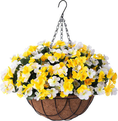 INXUGAO Artificial Hanging Flowers with Basket for Outdoor UV Resistant | 4pcs Faux Impatiens with Planter, Fake Plant for Outside Porch Garden Yard Decor, White Yellow