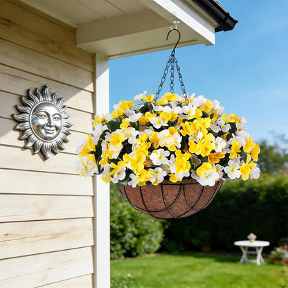 INXUGAO Artificial Hanging Flowers with Basket for Outdoor UV Resistant | 4pcs Faux Impatiens with Planter, Fake Plant for Outside Porch Garden Yard Decor, White Yellow