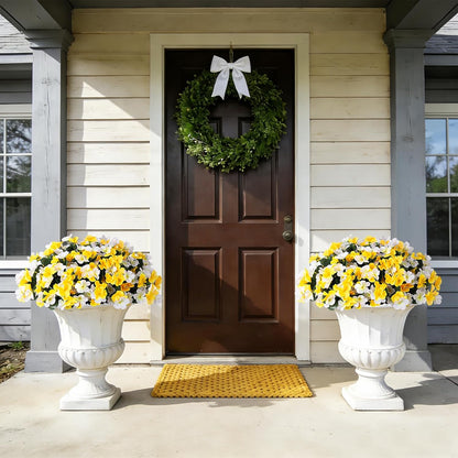 INXUGAO Artificial Hanging Flowers with Basket for Outdoor UV Resistant | 4pcs Faux Impatiens with Planter, Fake Plant for Outside Porch Garden Yard Decor, White Yellow