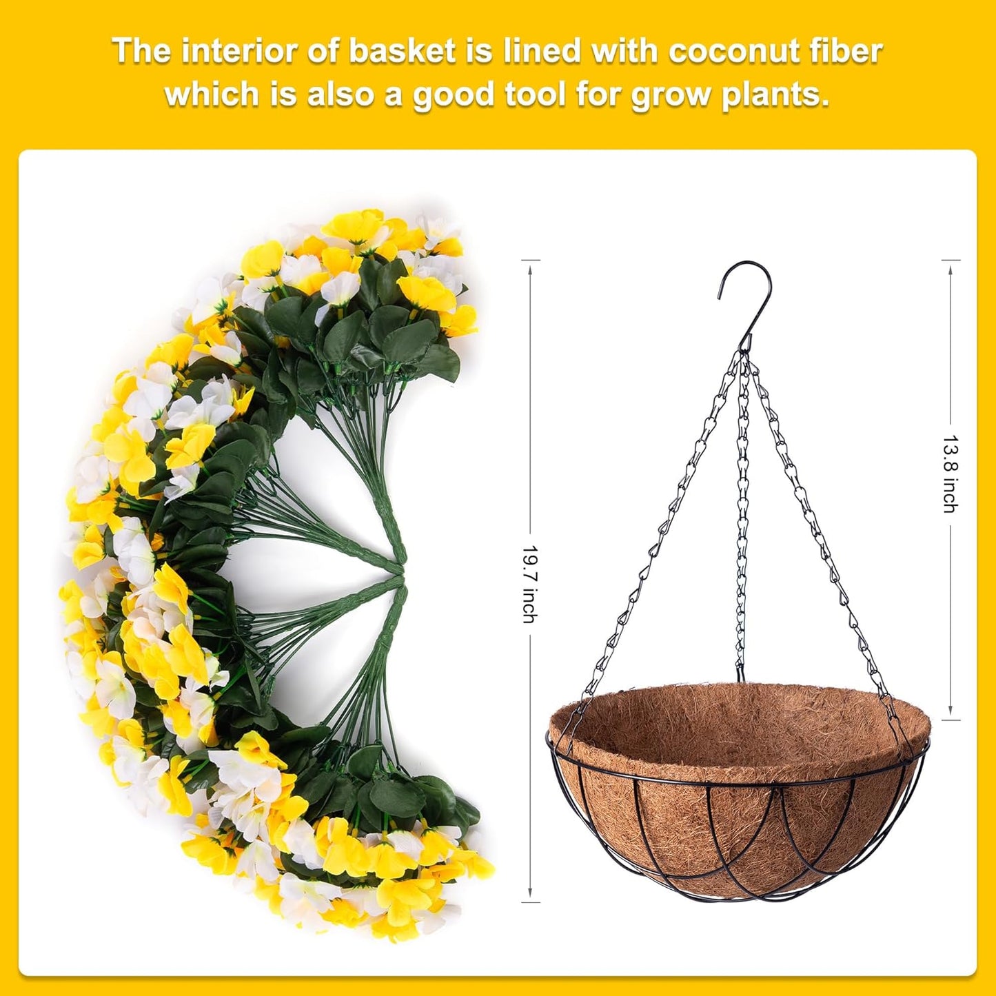 INXUGAO Artificial Hanging Flowers with Basket for Outdoor UV Resistant | 4pcs Faux Impatiens with Planter, Fake Plant for Outside Porch Garden Yard Decor, White Yellow