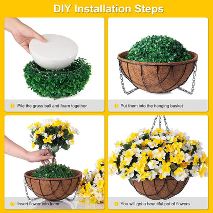 INXUGAO Artificial Hanging Flowers with Basket for Outdoor UV Resistant | 4pcs Faux Impatiens with Planter, Fake Plant for Outside Porch Garden Yard Decor, White Yellow