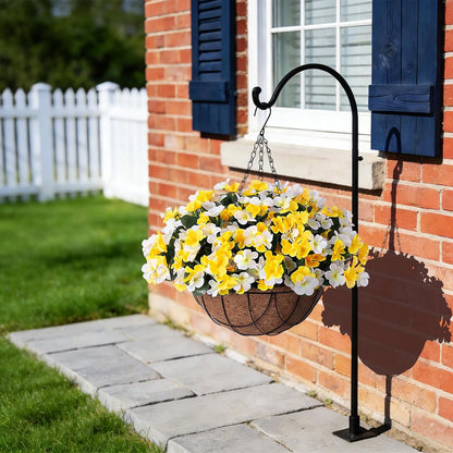 INXUGAO Artificial Hanging Flowers with Basket for Outdoor UV Resistant | 4pcs Faux Impatiens with Planter, Fake Plant for Outside Porch Garden Yard Decor, White Yellow