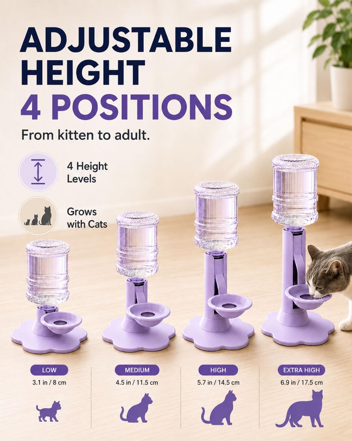 Pet Water Dispenser Stand, Adjustable Gravity Refill Cat Bowl | Elevated Automatic Waterer with Anti-Tip Suction Base, Keep Water Clean and Fresh for Cats and Small Dogs(Yellow)