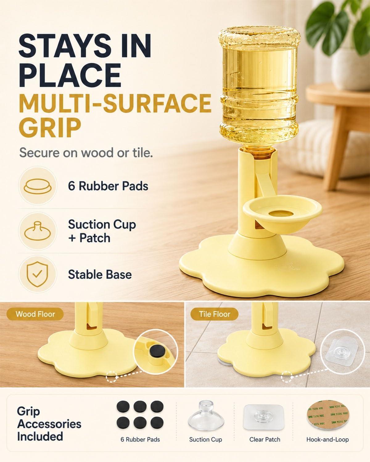 Pet Water Dispenser Stand, Adjustable Gravity Refill Cat Bowl | Elevated Automatic Waterer with Anti-Tip Suction Base, Keep Water Clean and Fresh for Cats and Small Dogs(Yellow)