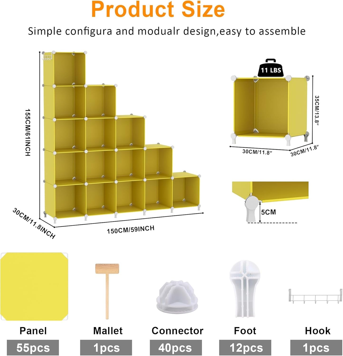 Cube Storage Organizer, Closet Organizers Storage Shelf, 16 Cube | DIY Stackable Storage Cube Shelves, Plastic Clothes Organizer Shelving for Bedroom, Home Office, Yellow