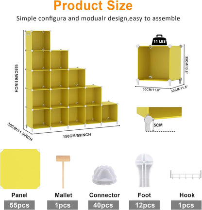 Cube Storage Organizer, Closet Organizers Storage Shelf, 16 Cube | DIY Stackable Storage Cube Shelves, Plastic Clothes Organizer Shelving for Bedroom, Home Office, Yellow