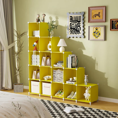 Cube Storage Organizer, Closet Organizers Storage Shelf, 16 Cube | DIY Stackable Storage Cube Shelves, Plastic Clothes Organizer Shelving for Bedroom, Home Office, Yellow