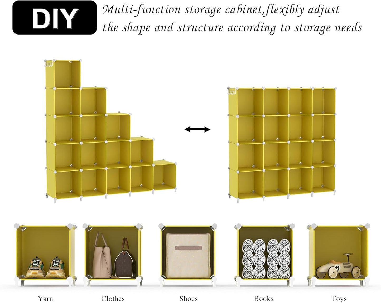 Cube Storage Organizer, Closet Organizers Storage Shelf, 16 Cube | DIY Stackable Storage Cube Shelves, Plastic Clothes Organizer Shelving for Bedroom, Home Office, Yellow