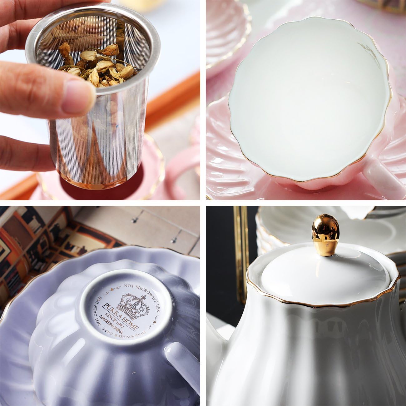 Sweejar Porcelain Tea Sets British Royal Series, 8 OZ Cups & Saucer Service for 6, with Teapot Sugar Bowl Cream Pitcher Teaspoons and Tea Strainer, Suitable for High Tea, Wedding, Party (Pink)