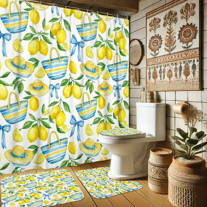 Lemon Shower Curtain Sets, Summer Tropical Straw Hat Basket Summer Yellow Polyester Waterproof Bathroom Bathtub Shower Curtain Sets with Rugs for Bathtub Toile Guest Room Decor 72x72 Inch