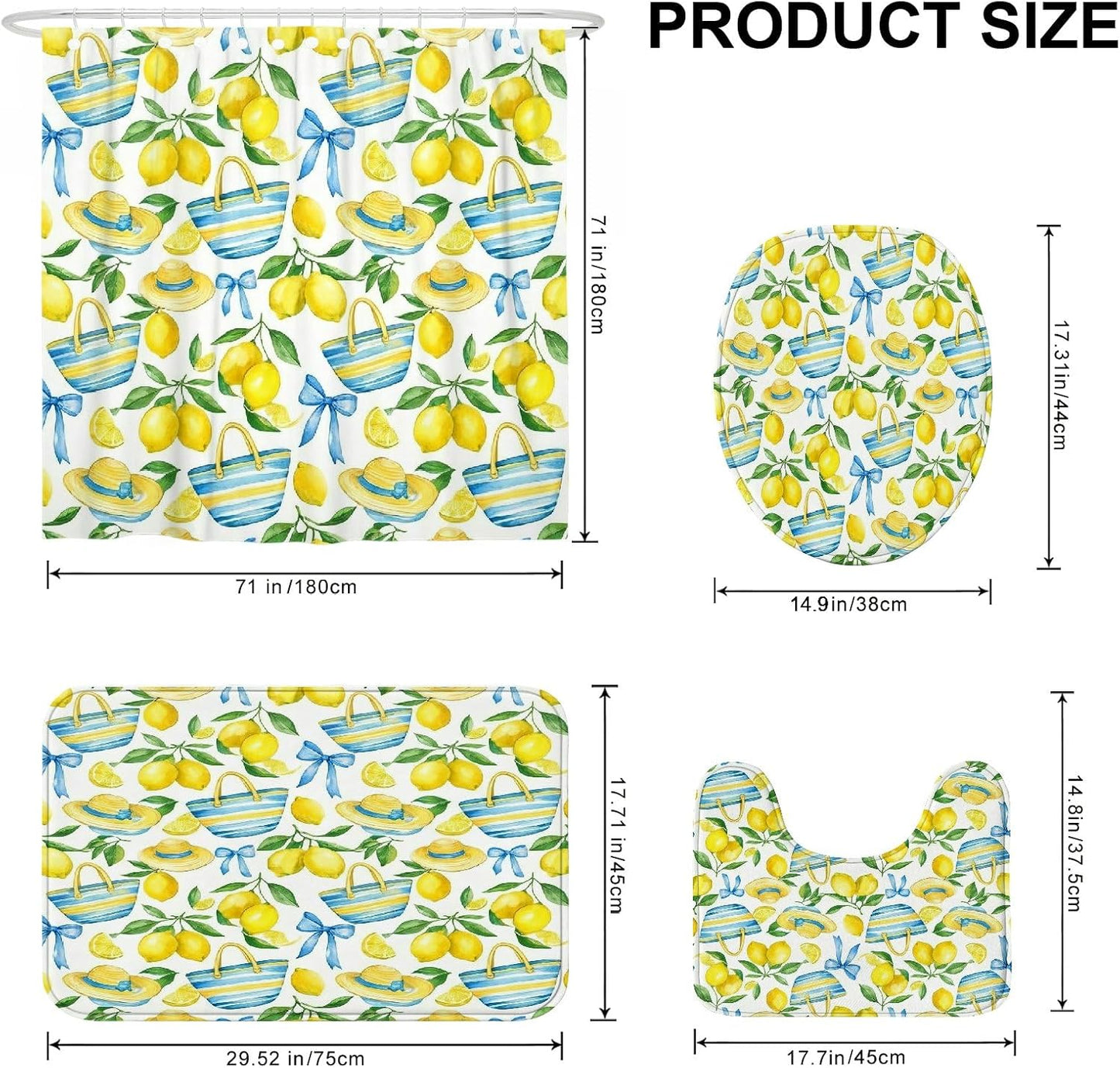 Lemon Shower Curtain Sets, Summer Tropical Straw Hat Basket Summer Yellow Polyester Waterproof Bathroom Bathtub Shower Curtain Sets with Rugs for Bathtub Toile Guest Room Decor 72x72 Inch